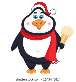 Cartoon penguin in red hat with caramel cream ice-cream, vector illustration