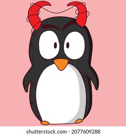 cartoon penguin with red horns wrapped in thread