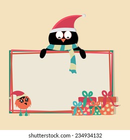 Cartoon of a penguin in Santa cap holding blank white board decorated with gift boxes and cute bird on the occasion of Merry Christmas.