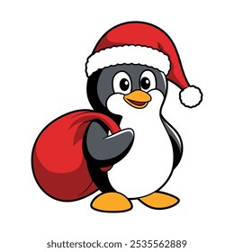 Cartoon Penguin in Santa Hat with Gift Bag