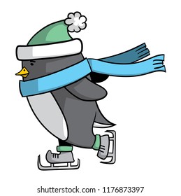 Cartoon penguin with scarf and beanie ice skating