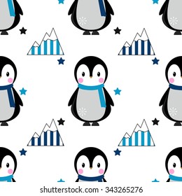 Cartoon penguin in scarf and glacier seamless pattern with stars. Childish bird background. Christmas and New year winter holiday design. Polar vector illustration.