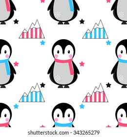 Cartoon penguin in scarf and glacier seamless pattern with stars. Childish bird background. Christmas and New year winter holiday design. Polar vector illustration.