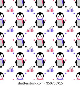 Cartoon penguin in scarf and glacier seamless pattern with stars. Childish birds background. Christmas winter holiday design. Polar vector illustration.