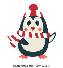 Cartoon penguin in a scarf and hat with a balabon with a raised wing. Characters for winter, Christmas design
