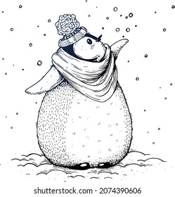 Cartoon penguin in a scarf and hat catches snowflakes. Hand-drawn in ink.