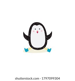 Cartoon Penguin Sitting And Doing The Splits, Cute Arctic Animal In Hard Yoga Pose Sitting In Snow And Waving Arms, Flat Isolated Hand Drawn Vector Illustration On White Background