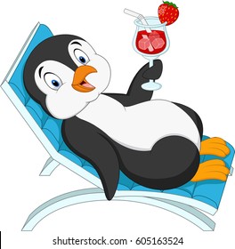 Cartoon penguin sitting on beach chair and holding cocktail