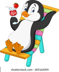 Cartoon penguin sitting on beach chair and holding cocktail