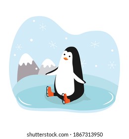 Cartoon penguin sitting on the ice. The bird is skating. Vector illustration.