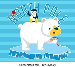 Cartoon of penguin sitting on polar bears back, animals fishing on ice chunk