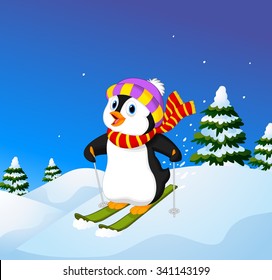 Pingüino de dibujos animados esquiando por una ladera de la montaña