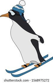 
cartoon penguin skiing in ski mask