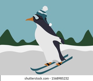 
cartoon penguin skiing in ski mask