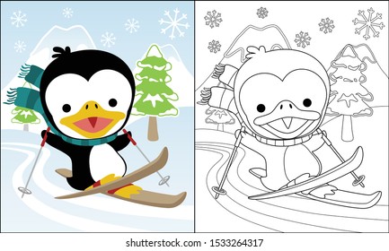 Cartoon penguin skiing in the snow land, coloring book or page