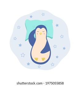 A cartoon penguin sleeps on a pillow. Funny cute sleeping penguin character for kids concept. Vector illustration.