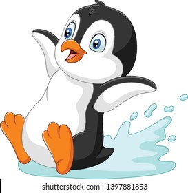 Cartoon penguin sliding on water