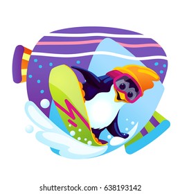 Cartoon penguin snowboarder on a background of abstract mountains. Winter happy holidays. Vector illustration on white isolated background