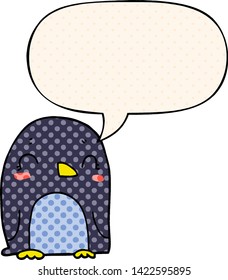 cartoon penguin with speech bubble in comic book style