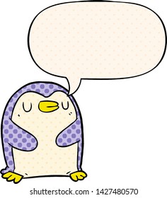 cartoon penguin with speech bubble in comic book style
