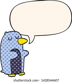 cartoon penguin with speech bubble in comic book style