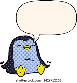 cartoon penguin with speech bubble in comic book style