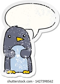 pingüino de dibujos animados con una burbuja de discursos angustiado viejo pegatina