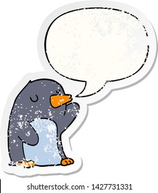 pingüino de dibujos animados con una burbuja de discursos angustiado viejo pegatina