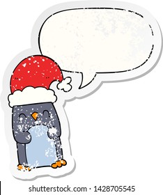 cartoon penguin with speech bubble distressed distressed old sticker