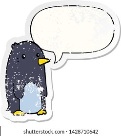 cartoon penguin with speech bubble distressed distressed old sticker