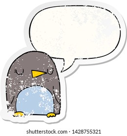 cartoon penguin with speech bubble distressed distressed old sticker