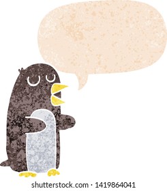 cartoon penguin with speech bubble in grunge distressed retro textured style