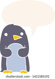 pinguim de desenho animado com balão de fala em estilo retrô