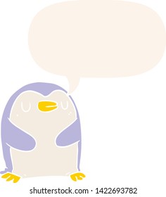 cartoon penguin with speech bubble in retro style