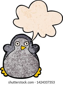 cartoon penguin with speech bubble in retro texture style