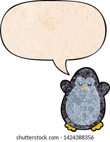 cartoon penguin with speech bubble in retro texture style
