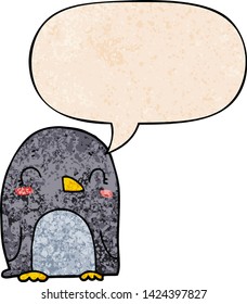 cartoon penguin with speech bubble in retro texture style