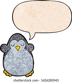 pingüino de dibujos animados con burbuja de habla en estilo de textura retro