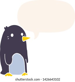 cartoon penguin with speech bubble in retro style