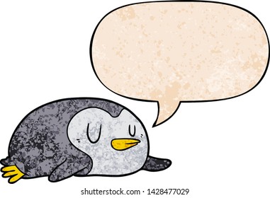 pingüino de dibujos animados con burbuja de habla en estilo de textura retro