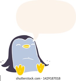 cartoon penguin with speech bubble in retro style