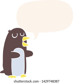 pingüino de dibujos animados con burbuja de habla en estilo retro