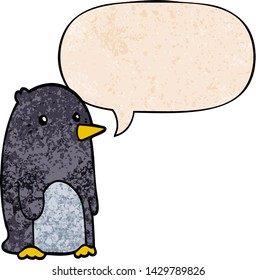 cartoon penguin with speech bubble in retro texture style