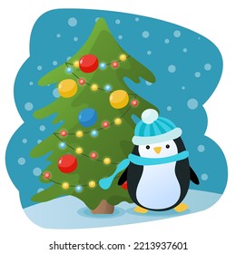 Cartoon penguin standing near Christmas tree. Cute Christmas seasonal illustration in flat cartoon style. Vector illustration.