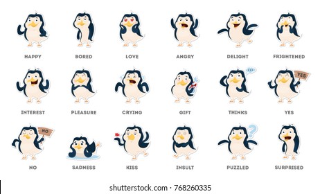 Cartoon Penguin Stickers Set With Different Emotions.