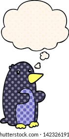 cartoon penguin with thought bubble in comic book style