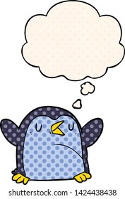 cartoon penguin with thought bubble in comic book style