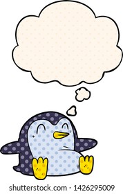 cartoon penguin with thought bubble in comic book style