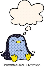 pinguim de desenho animado com bolha de pensamento no estilo de quadrinhos