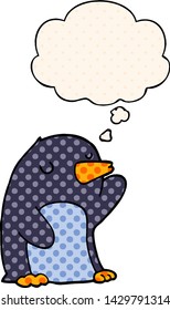 pingüino de caricatura con burbuja de pensamiento en el estilo de un libro de historietas